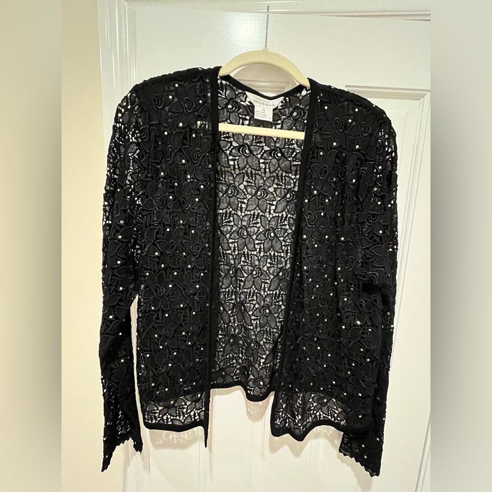 Elegant Misook Sheer Black Lace Cardigan Jacket with Sequin Paillettes READ